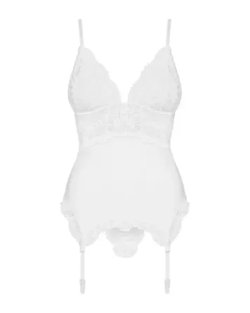Сатиновий мереживний корсет Obsessive 810-COR-2 babydoll & thong L/XL, білий, корсет, танга Львів
