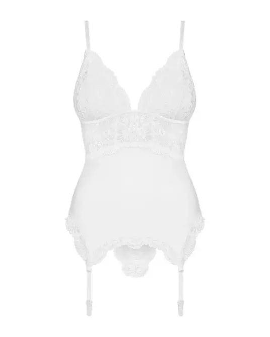 Сатиновий мереживний корсет Obsessive 810-COR-2 babydoll & thong L/XL, білий, корсет, танга Львів - фото 5