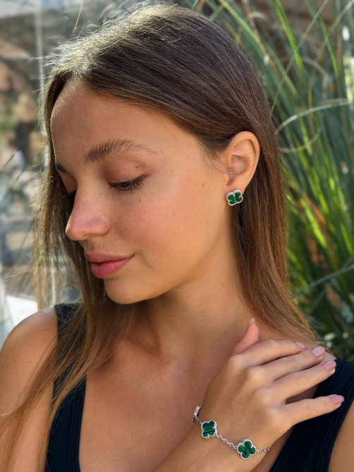Van Cleef подарунковий набір 2 предмети / сережки і браслети / зелений колір під малхіт / біле золото AU 750 / проба, гравіювання Одеса - фото 1