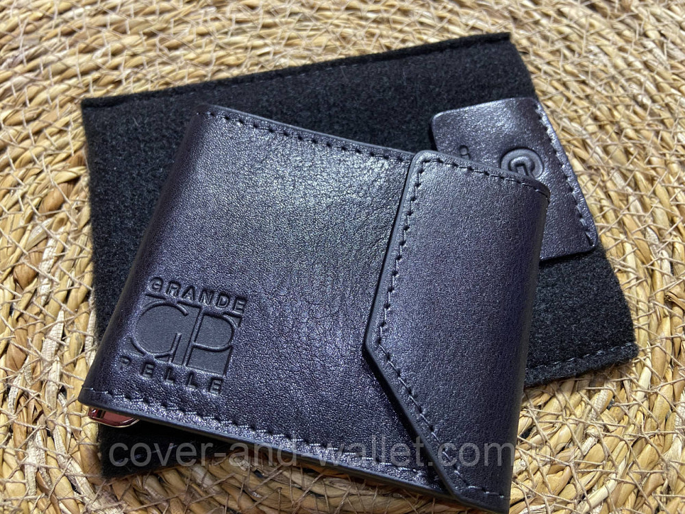 Затискач для грошей на магніті із гладкої шкіри чорного кольору Grande Pelle Soldi Київ - фото 2