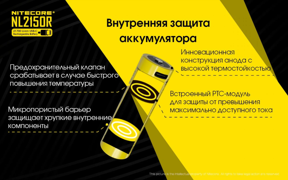 Аккумулятор 21700  Li-Ion Nitecore NL2150R 5000mAh с зарядкой через USB-C (Желтый) Киев - изображение 9