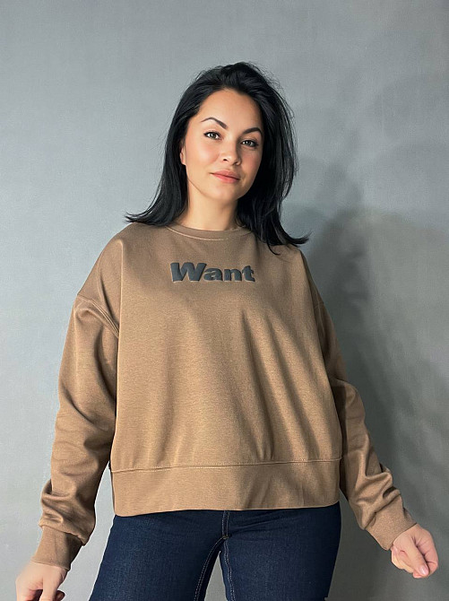 Свитшот женский U S 293 широкий оверсайз трикотаж надпись WANT, коричневый, one size Киев - изображение 1