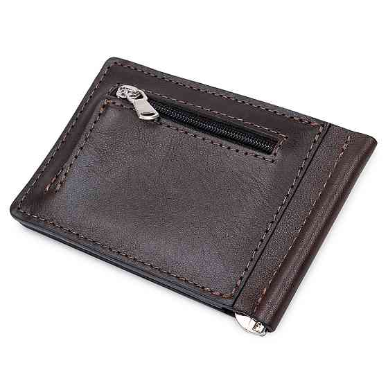 Шкіряний чоловічий затиск для грошей з монетницею Коричневий (GRANDE PELLE) Київ