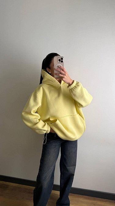 Жіноче тепле об'ємне базове худі оверсайз крою турецька тринитка на флісі Лимонний Одеса - фото 6