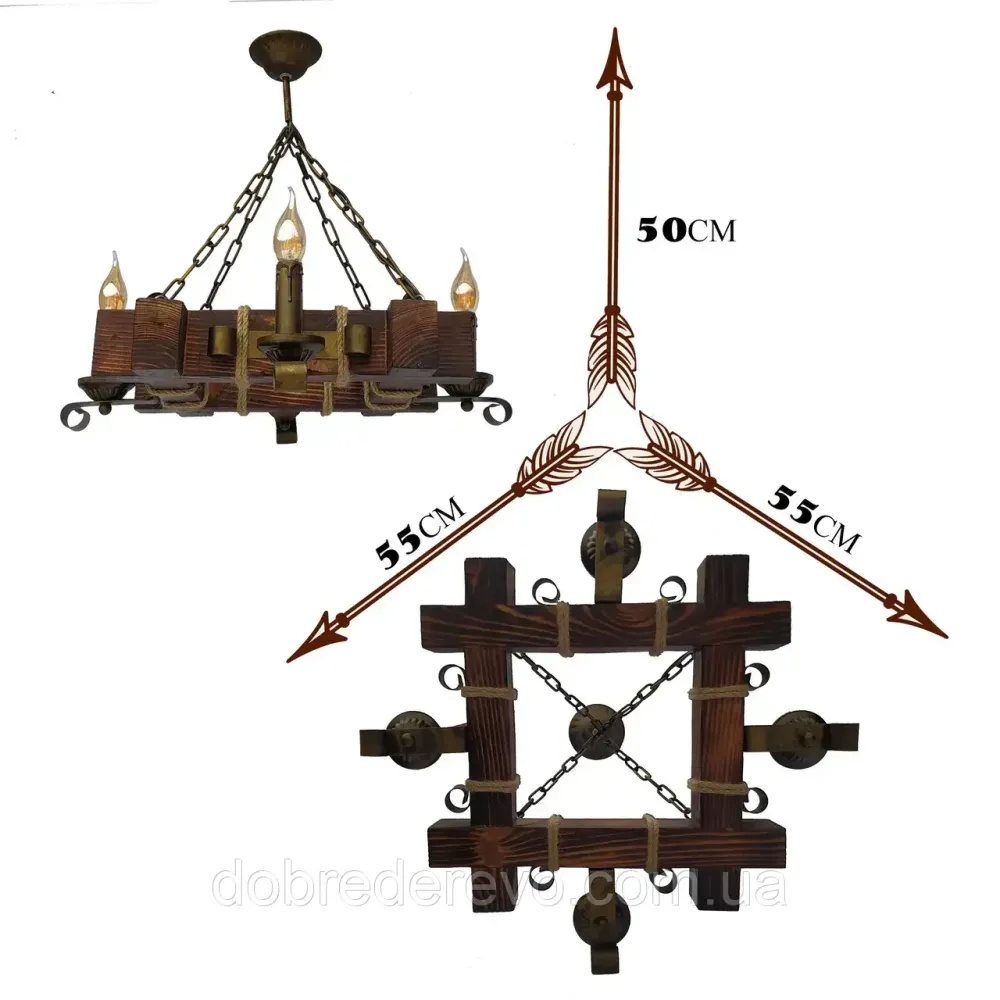 Люстра дерев'яна "Квадрат", 4 свічки Вижниця - фото 3