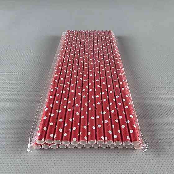 Соломка трубочка паперова Ø 5 мм 20 см "Горошок білий" червона 25 шт (1 пачка) Харків