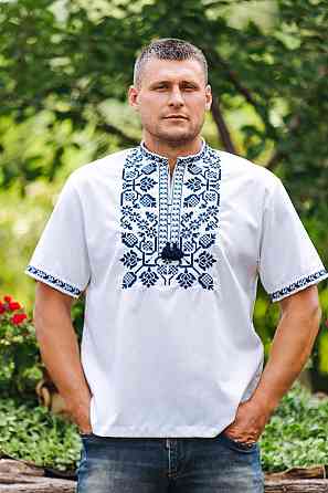Вышиванка льняная, мужская, белая, короткий рукав, лен,  топ Киев