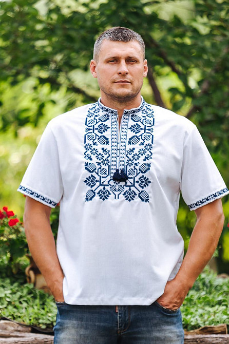 Вышиванка льняная, мужская, белая, короткий рукав, лен,  топ Киев - изображение 3