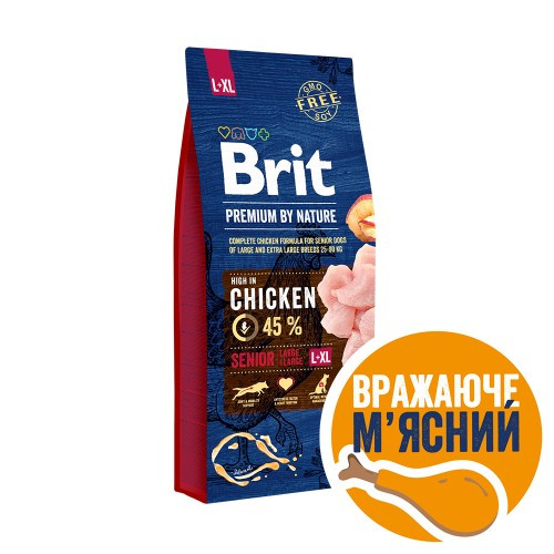 Корм сухий Brit Premium Dog Senior L+XL для собак похилого віку великих та гігантських порід вагою 25-90 кг з куркою 15 кг Київ - фото 1