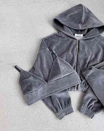 Женский стильный прогулочный костюм тройка турецкий велюр спорт Графит, 46/48 Одесса