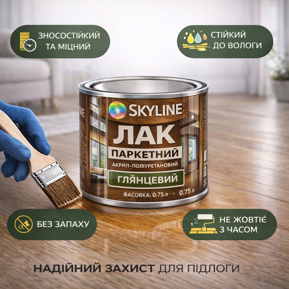 Лак для підлоги глянцевий Skyline паркетний, акрил-поліуретановий, водний, зносостійкий, без запаху, 750 мл Харків - фото 2