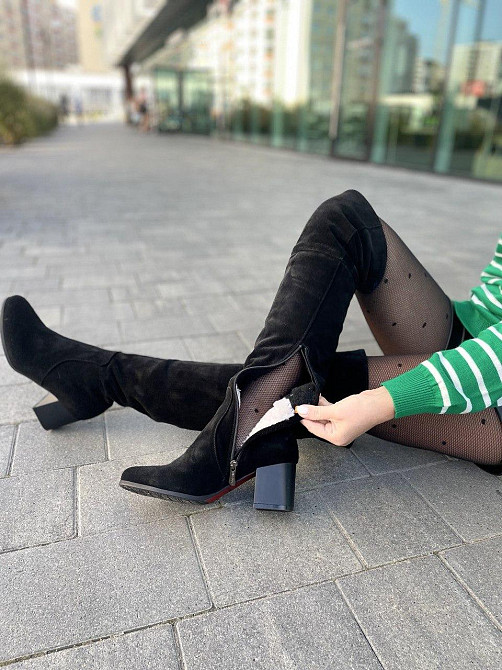 Nivelle Ботфорти зимові жіночі з натуральної замші чорні на підборах, наповнювач євро-вовна 536 Коломия - фото 5