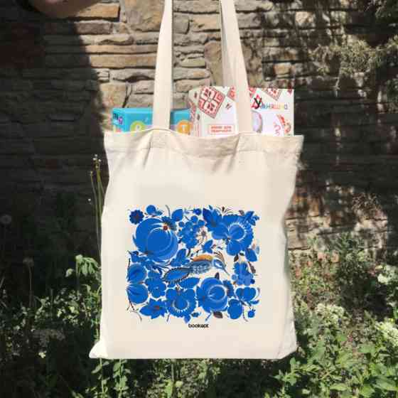 Екошопер BookOpt BK4001 Петриківський розпис Сині квіти бежевий Луцк