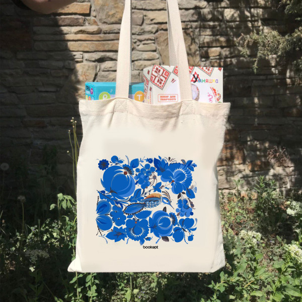 Екошопер BookOpt BK4001 Петриківський розпис Сині квіти бежевий Луцк - изображение 4