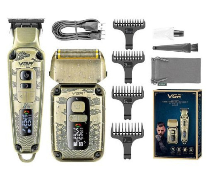 Чоловічий набір VGR V-641 IPX6 LCD машинка для стрижки + бритва шейвер + дорожня сумка (4 насадки) Вінниця - фото 1