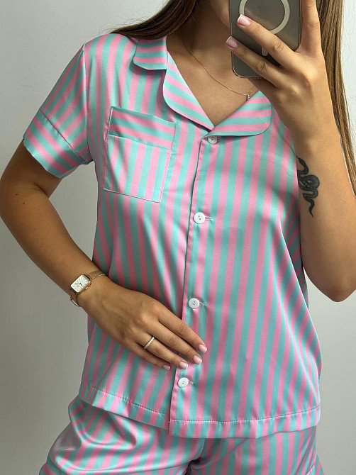 Жіноча сатінова піжама смужка Блакитно-Розовий M-L Харків - фото 3