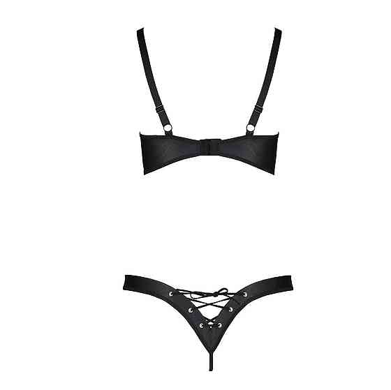 Комплект з екошкіри Passion CELINE BIKINI L/XL black, відкритий бра зі стрічками, стрінги Sex Aura Київ