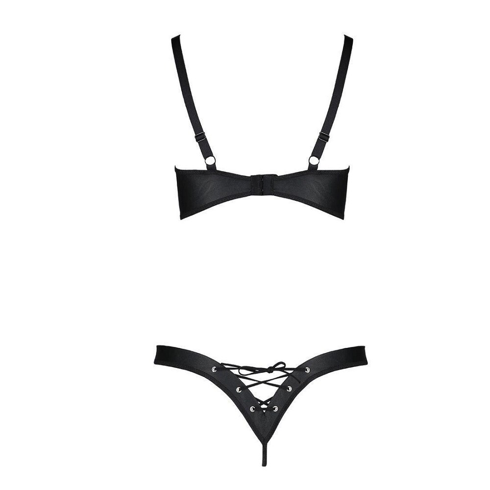 Комплект з екошкіри Passion CELINE BIKINI L/XL black, відкритий бра зі стрічками, стрінги Sex Aura Київ - фото 4