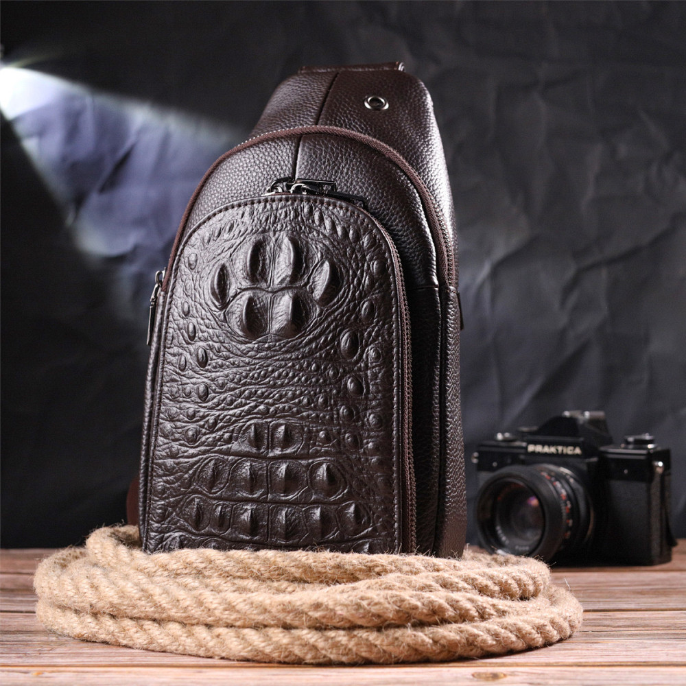 Сумка слінг чоловіча з натуральної фактурної шкіри 21401 Vintage Коричневий Київ - фото 7