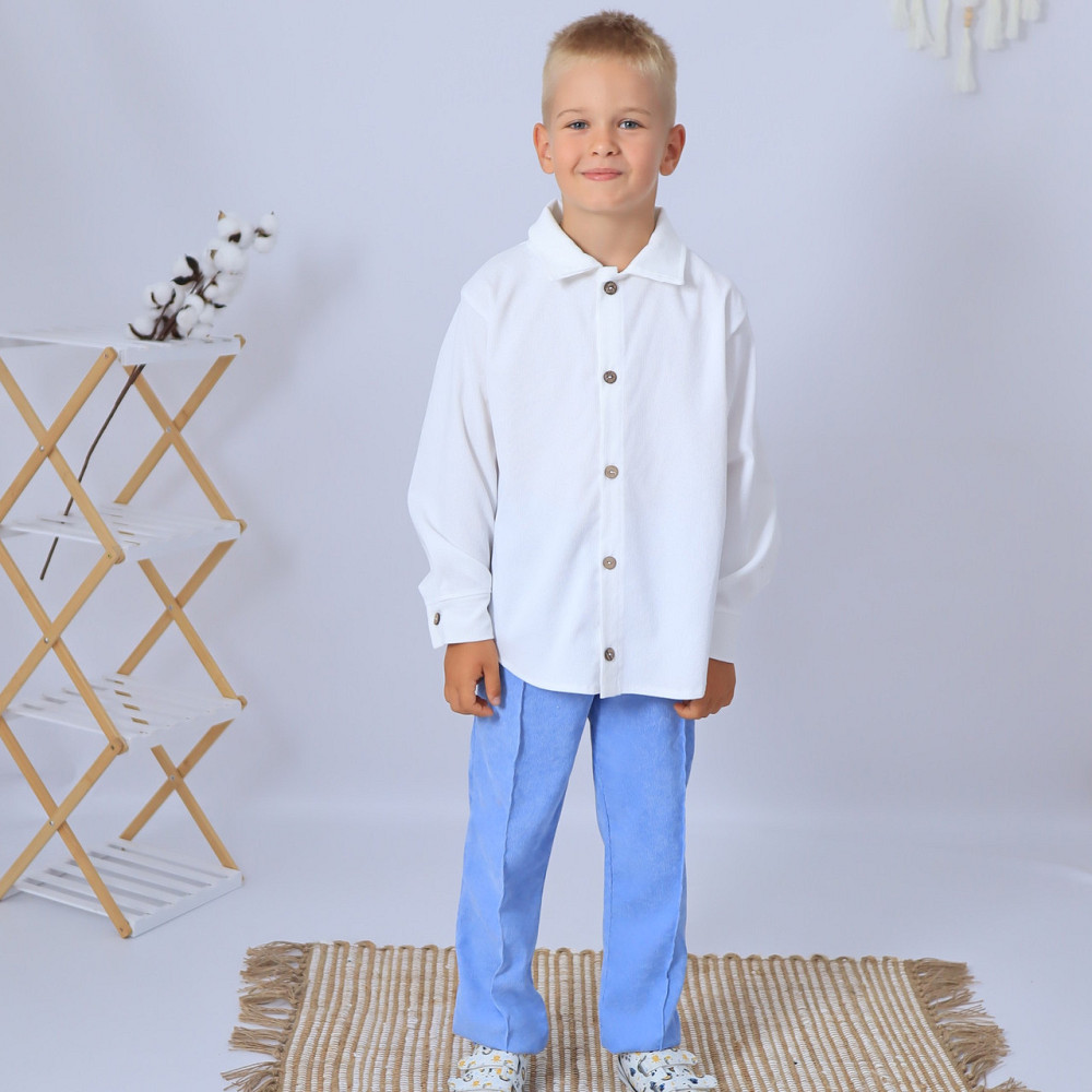 Праздничный вельветовый костюм для мальчика/ костюм в школу рубашка белая + штаны голубые 134 Каменец-Подольский - изображение 3