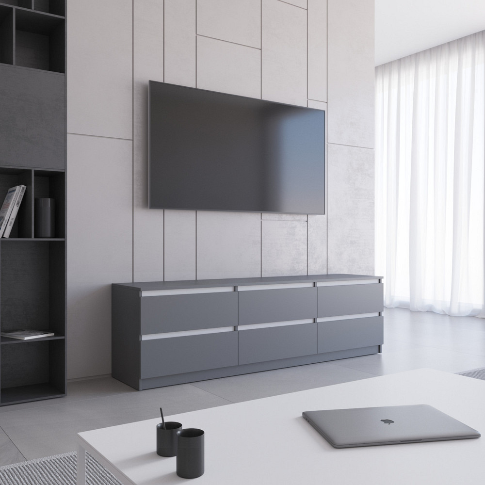 Тумба под телевизор VAYS R-12 Антрацит-Белые планки, 6 ящиков без ручек, ЛДСП, 180×40×53 см Львов - изображение 1