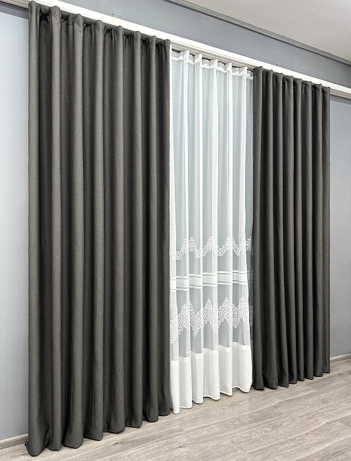 Комплект штор VR-Textil рогожка преміум TERRA LUXE 200х270 2шт і Тюль 500х270 1857ш-1704т Графітовий з білим 71-111/6 Київ - фото 2