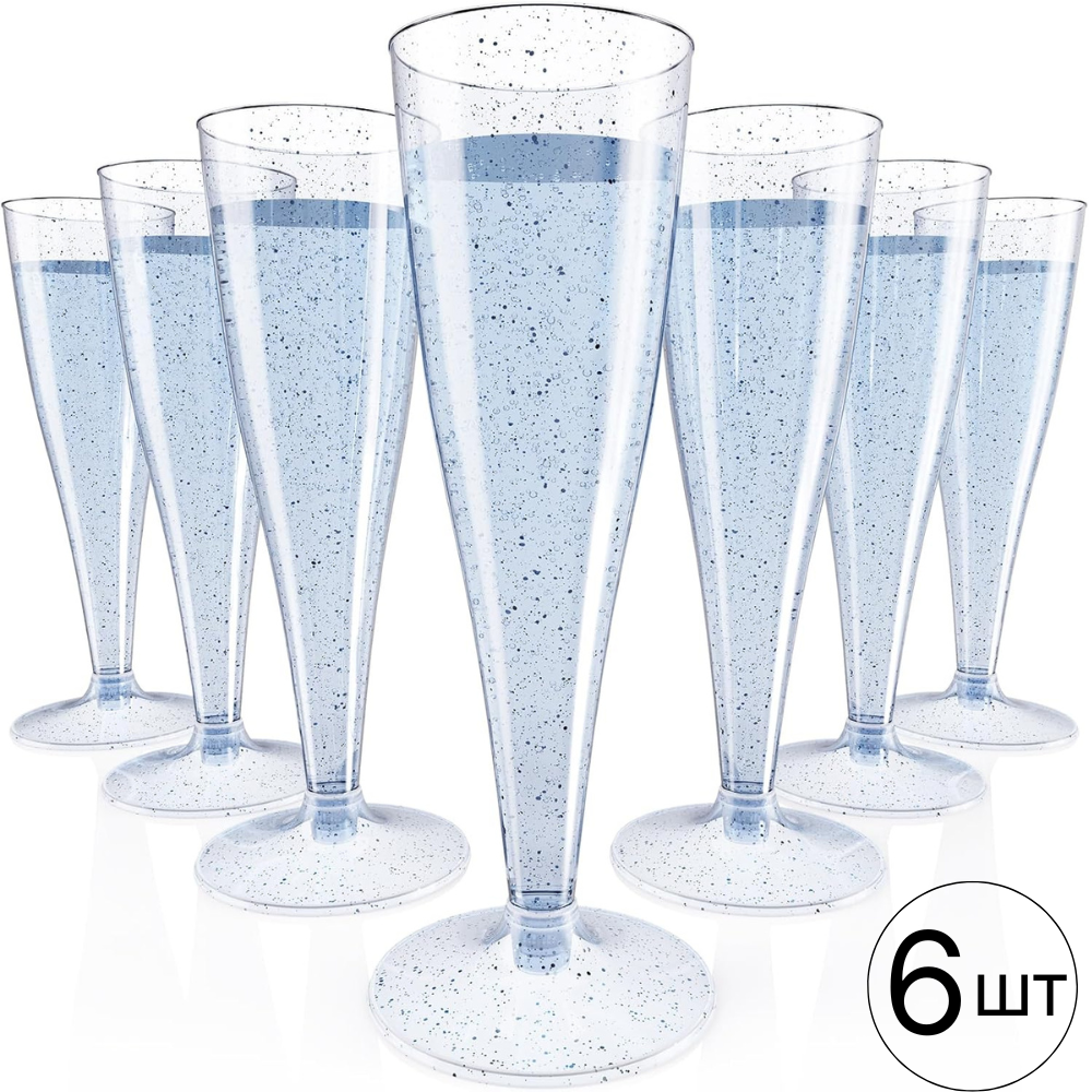 Набор пластиковых бокалов для шампанского 6 шт премиум класса 133 мл,праздничные с серебристыми блестками Каменец-Подольский - изображение 1
