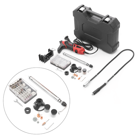 Гравер INTERTOOL WT-0516, 170 Вт, 35000 об/хв, 120 од., кейс, стійка, гнучкий вал, насадка для фрезерування - з бічною рукояткою Львів