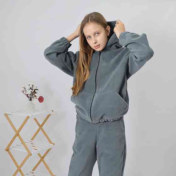 Дитячий флісовий теплий костюм на зиму (толстовка на блискавці з капюшоном + штани) Сіро-зелений 146 Кам'янець-Подільський