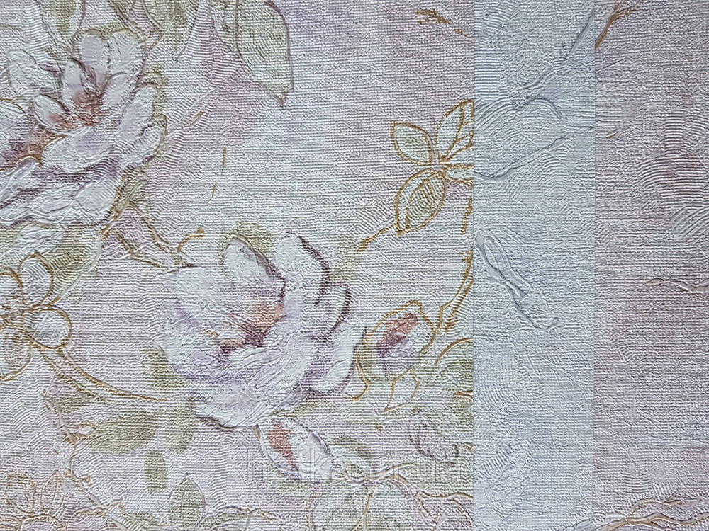 Шпалери метрові вінілові на флізелін Grandeco Poem квіти троянди структурні бузкові зелені на рожевому Київ - фото 3