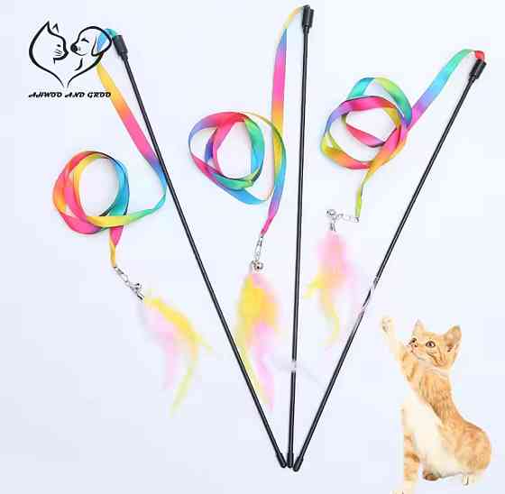 Игрушка для котов палочка с лентой и перьям с колокольчиком 48 см разноцветный Киев