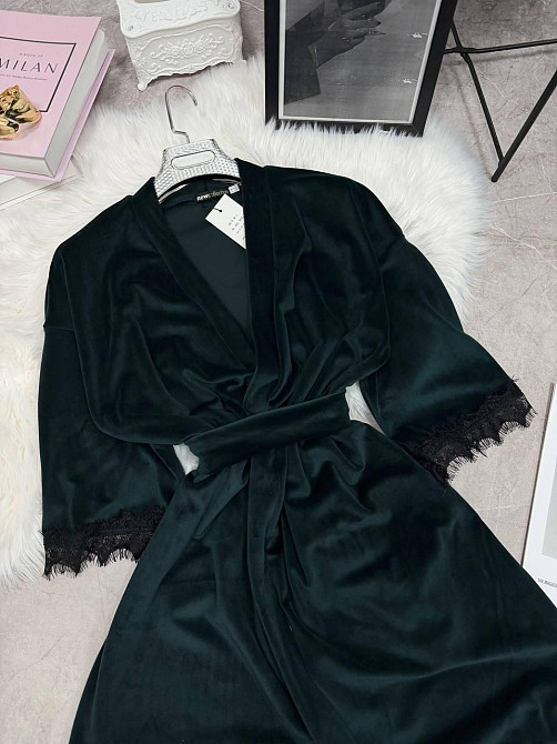 Женский домашний халат на запах велюр с кружевом Изумрудный, Oversize 42/46 Одесса - изображение 4