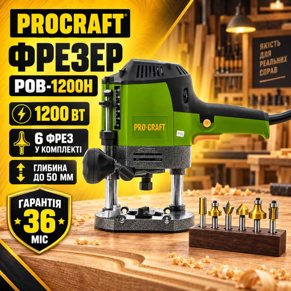 Фрезер электрический Procraft 1200 Вт цанги 6, 8 мм с набором фрез,Ручный фрезер по дереву Львов - изображение 9