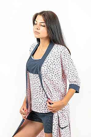 Спальный женский комплект пижама+халат, розовый , топ Крохатушка одяг Киев