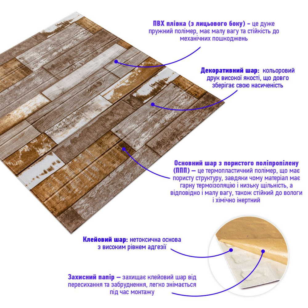 Самоклеюча декоративна 3D панель 700x700x5мм Коричневе дерево (049) SW-00000152 Дніпро - фото 7