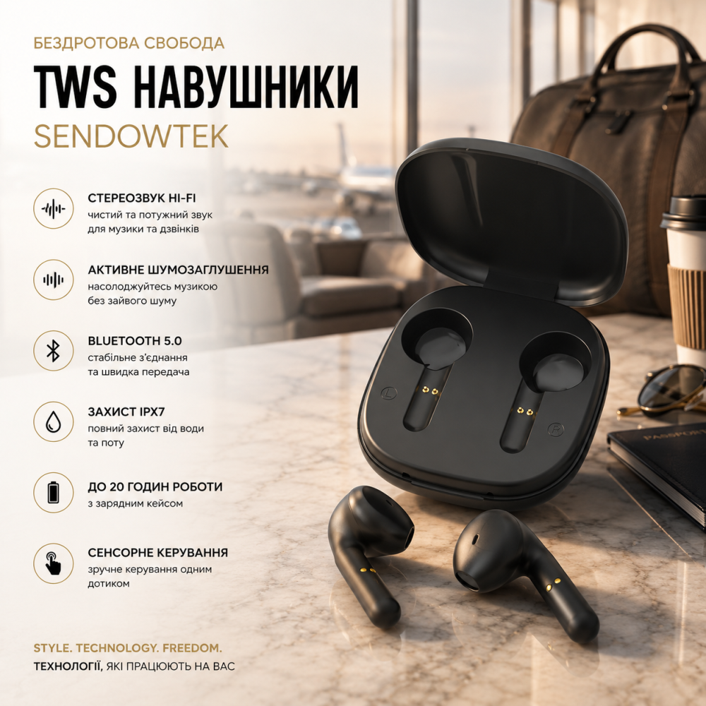 Бездротові навушники Sendowtek Bluetooth 5.0 — IPX7 Водонепроникні TWS навушники з активним шумозаглушенням Київ - фото 7
