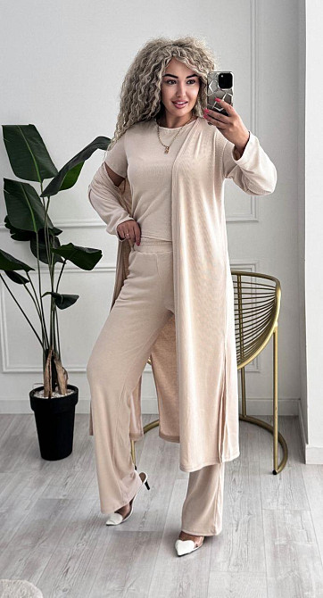 Жіночий базовий прогулянковий костюм-трійка: кардиган футболка та штани трикотажний рубчик Кремовий, 50/52 Одеса - фото 5