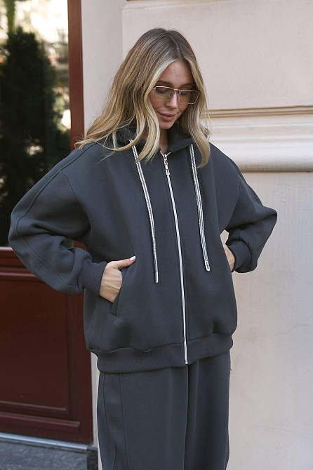 Жіночий прогулянковий теплий костюм: кофта та штани з турецької тринитки на флісі Графіт Одеса - фото 9