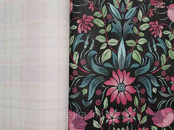 Шпалери вінілові на флізеліні A.S.Creation Maison charme 0.53x10 квіти листя птиці бордові зелені на чорному Київ