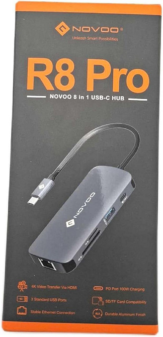 Адаптер NOVOO HUB-R8 Pro сірий USB-C 8-в-1 HDMI 4K@60Hz Gigabit Ethernet 3×USB3.0 PD100W SD/TF док-хаб для MacBook/Surface Київ - фото 1