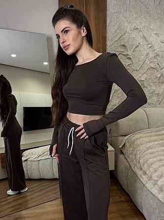 Жіночий прогулянковий костюм двійка: топ з довгим рукавом та штани турецька двохнитка. Темний шоколад, 46/48 Одеса