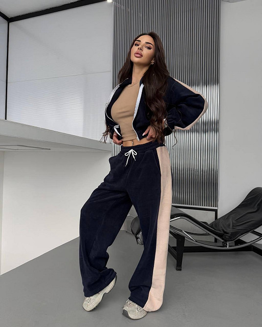 Жіночий теплий повсякденний костюм із лампасами, двобічний фліс Синій Одеса - фото 9