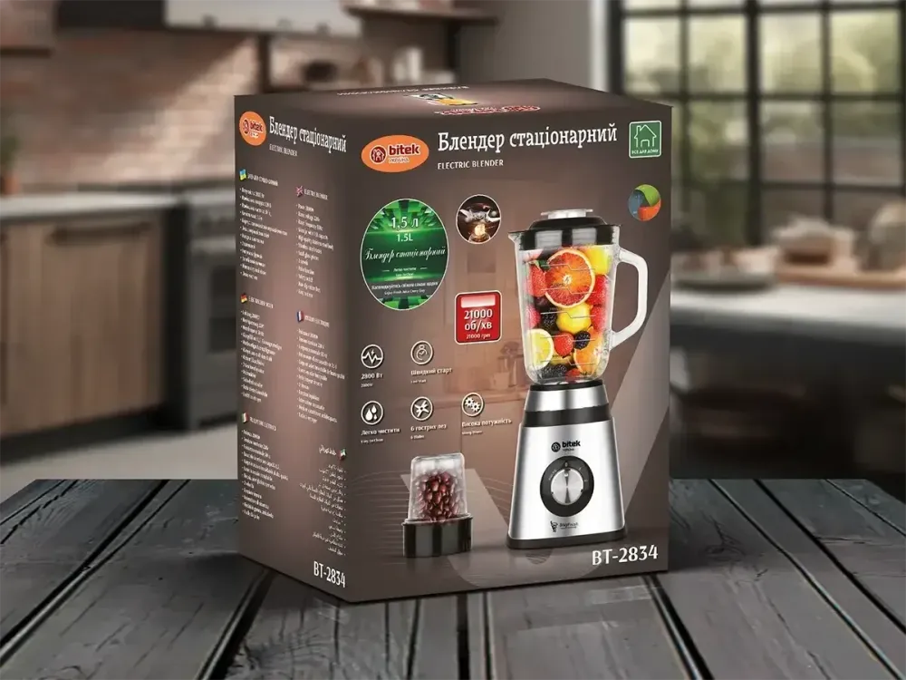 Стационарный блендер 2 в 1 BITEK BT-2834, 2800Вт, 1.5л, 300 мл, 6 лезвий в мульти-чаше, импульсный режим Одесса - изображение 1