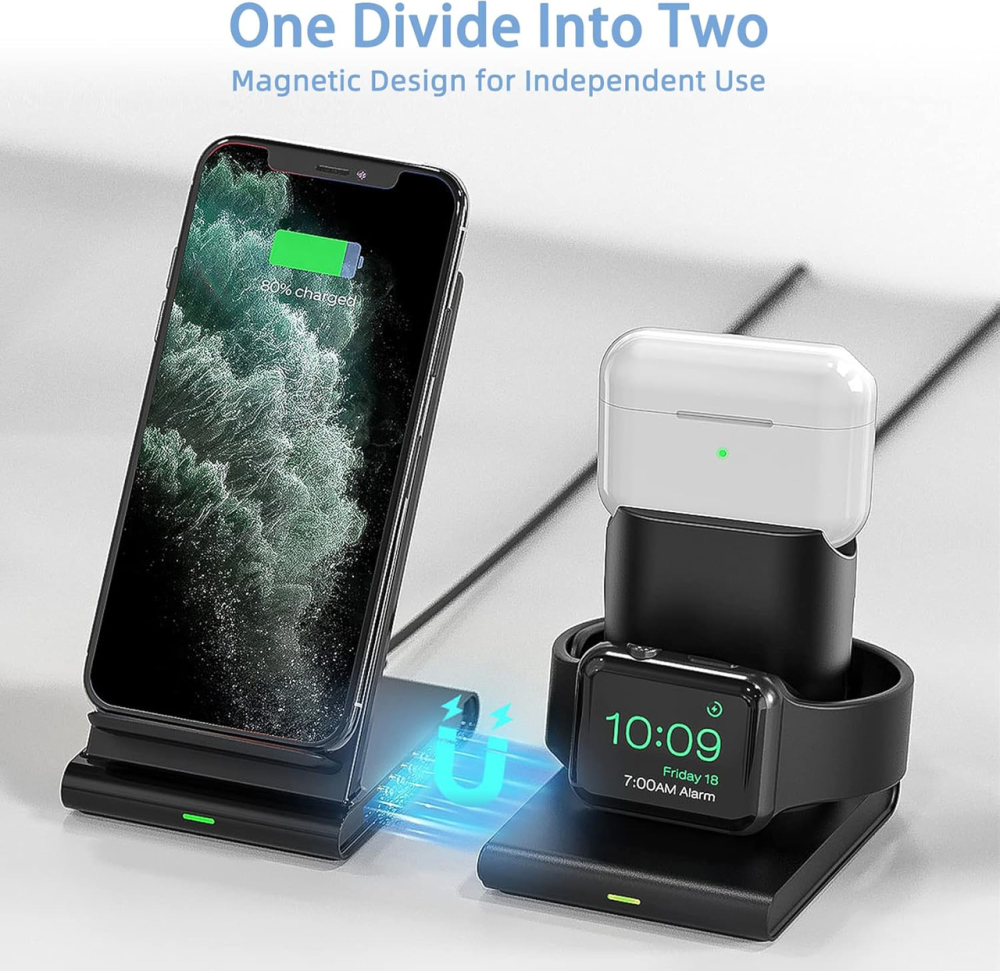 Бездротовий зарядний пристрій Seneo PA191 3 в 1 для iPhone 14/13/12/11/Pro, Apple Watch, AirPods, MagSafe, Чорний Київ - фото 6