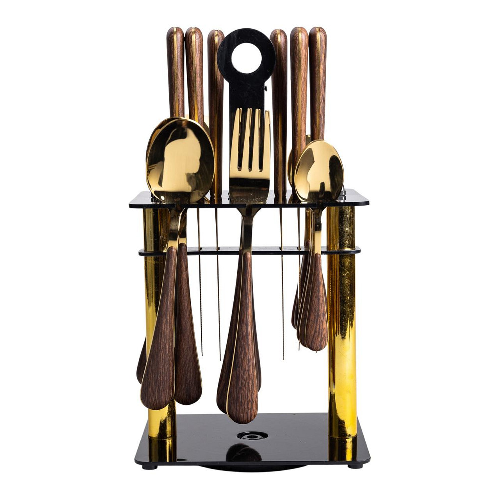 Набір столових приборів на 6 персон з дерев'яними ручками на підставці столові прибори 24 шт Золото HP-20-2 Коломия - фото 7