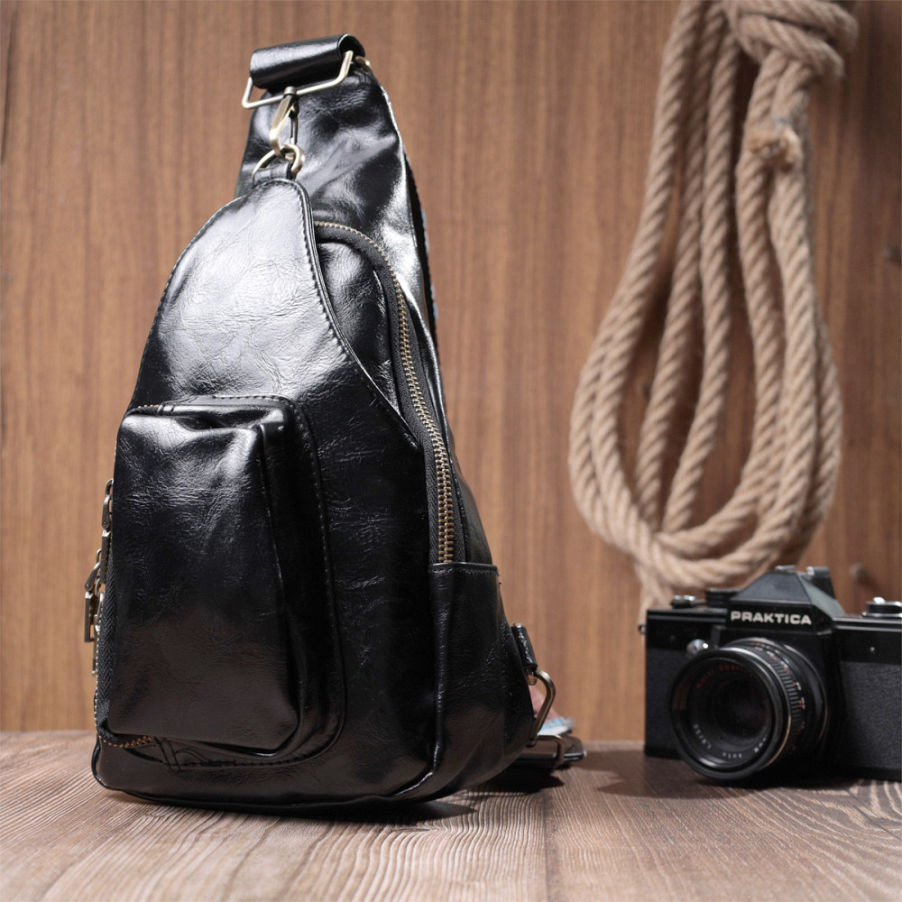 Практична жіноча сумка з екошкіри з акцентом на текстильну лямку Vintage 22776 Чорний Київ - фото 8