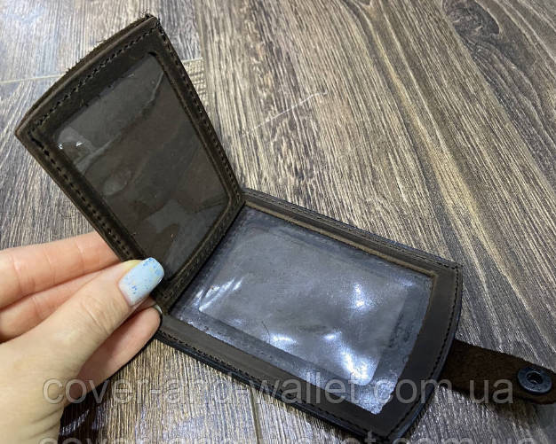 Шкіряна обкладинка для автодокументів на кнопці (коричнева) Київ - фото 4