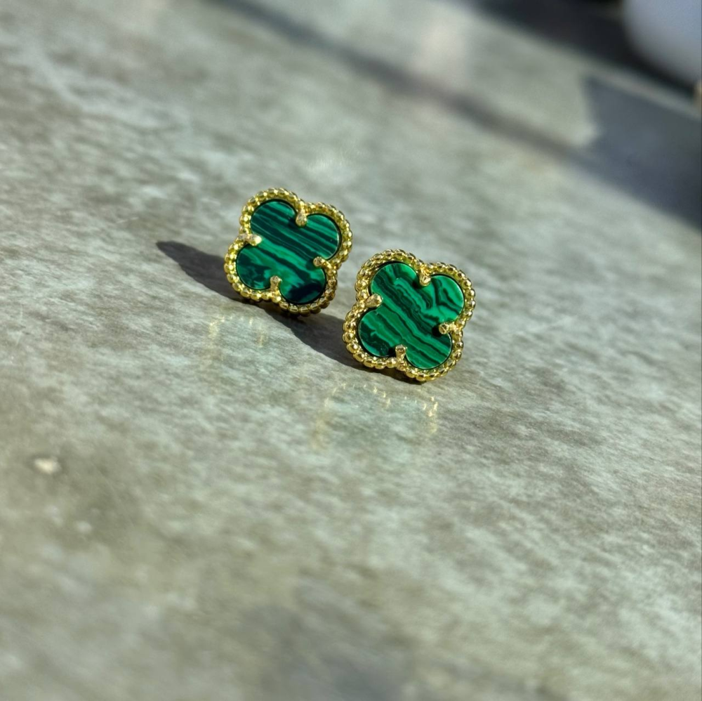 Van Cleef сережки та браслет / набор зелений під малахіт / лимонне золото / проба AU 750, гравіювання Одеса - фото 5