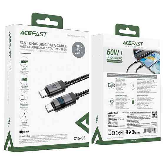 Кабель ACEFAST C15-03 USB-C to USB-C zinc alloy digital display braided charging data cable Black Одеса