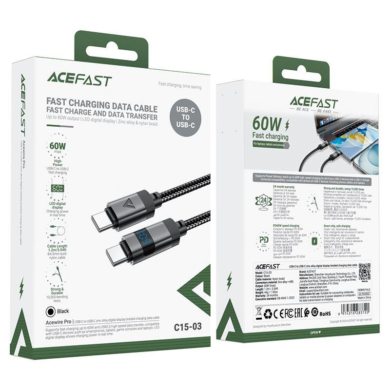 Кабель ACEFAST C15-03 USB-C to USB-C zinc alloy digital display braided charging data cable Black Одеса - фото 2